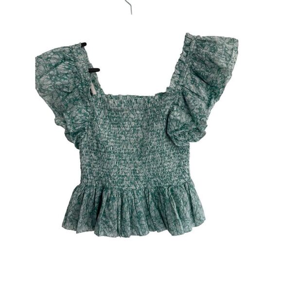 Love The Label Floral Smocked Ruffle Flutter Peplum Blouse Blue Women's Medium - Picture 3 of 4